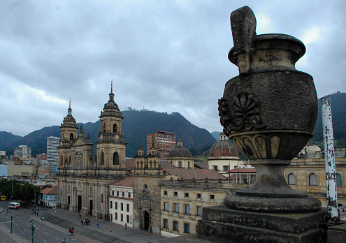 Main facade of the Cathedral of Santiago de Compostela. Stairs to the Plaza del Obradoiro.