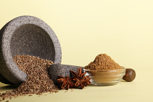 Cumin seeds and powder on yellow background