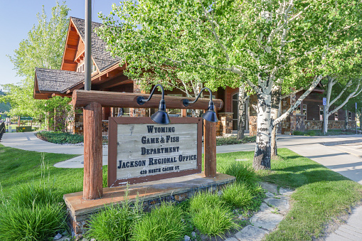 The government state department known as Wyoming Game & Fish Department on on North Cache Street in Jackson at Jackson Hole of Teton County, Wyoming