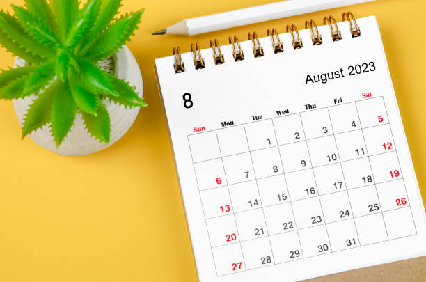 The August 2023 Monthly desk calendar for 2023 with pencil on yellow background. stock photo
