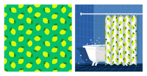 Vector illustration of Bathroom interior with bathtub and curtain decorated seamless pattern with whole lemon and leaves. Harvesting citrus fruits. Vector illustration, ornament for design of posters and printing on fabrics