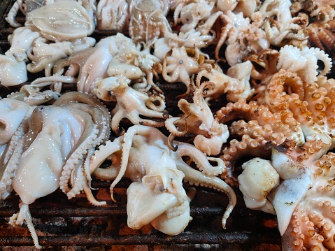 Focus scene on street food display - baby octopus at night market