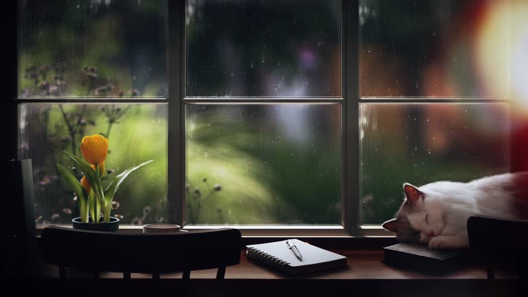 Rain and raindrops on the window, a sleeping cat on the table, the sound of rain and relaxation