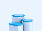 Blue podiums or platforms for product presentation and exposition