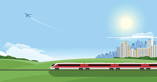 Cartoon image of a train on a journey out of the city A modern high-speed train is rushing through the peaceful scenery landscape scenery stock illustrations
