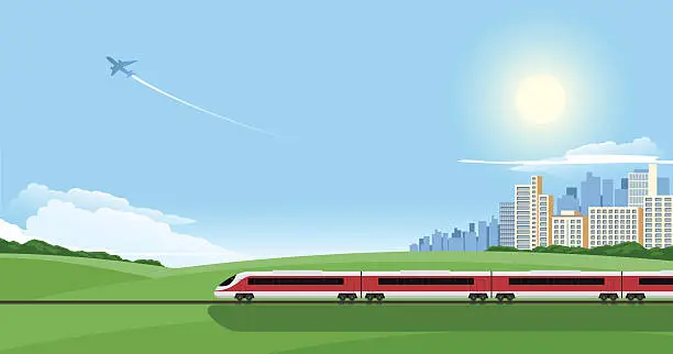 Vector illustration of Cartoon image of a train on a journey out of the city