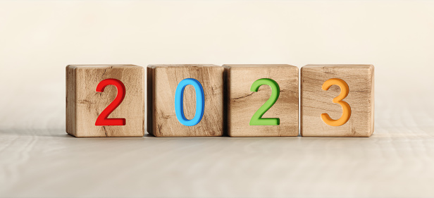 2023 Text made by wooden toy blocks
