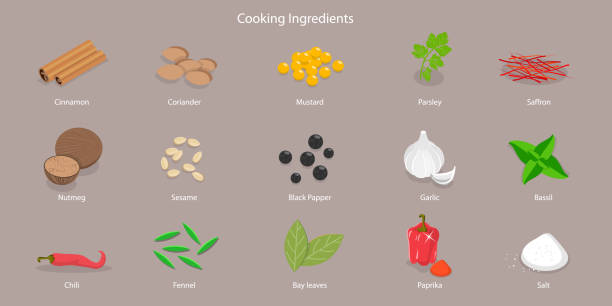 3d izometryczna płaska ikona wektorowa składników do gotowania - garlic granules stock illustrations