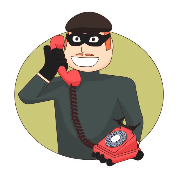 Vector illustration of Scammer is holding a telephone in his hand.