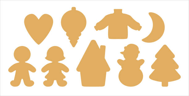 Christmas symbols icon set. Simple silhouettes of holiday objects: gingerbread man, woman, snowman, christmas tree, Xmas ornament, sweater, cute house. Sugar cookie cutter shapes or tag label die cut. gingerbread man cookie cutter stock illustrations