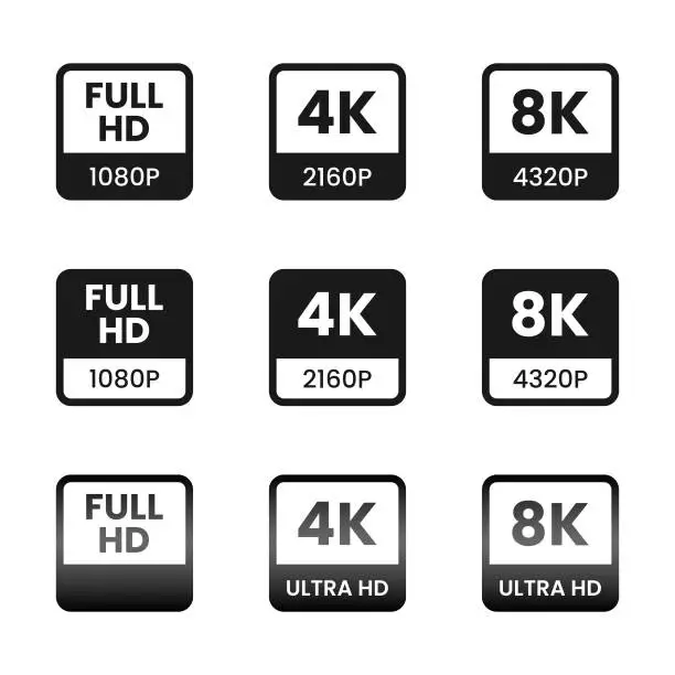 Vector illustration of Full HD, 4K and 8K Video Format Icon Set Vector Design on White Background.