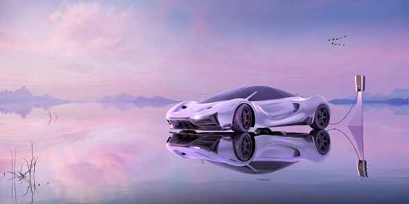 A pastel toned image of a generic white electric sports car plugged into an electric vehicle charging station on the shallow surfaces of a large lake with mountains in the distance at dawn. With copyspace.