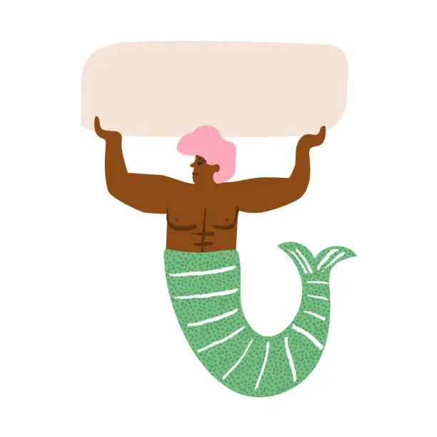 Vector illustration of A funny African Black chubby merman with pink hair holds a banner, a cute underwater mermaid man with his hand up holding or showing a banner, athlete. Vector illustration.