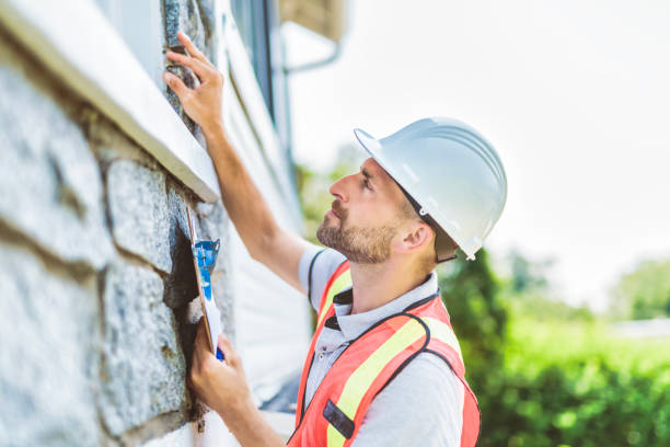 istock Man with a white hard hat holding a clipboard, inspect house 1558241395