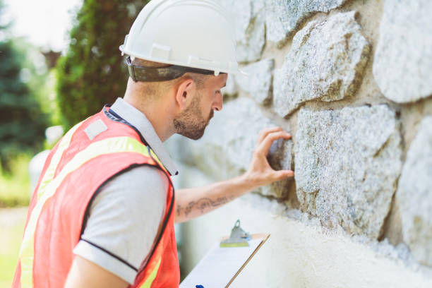 istock Man with a white hard hat holding a clipboard, inspect house 1558242517