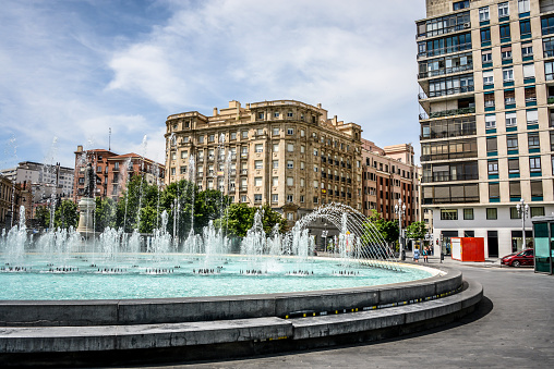 Plaza de Zorilla And It's Fountain In Valladolid, Spain