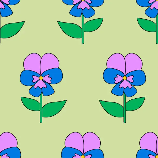 Vector illustration of Seamless pattern with pansies violet flower in hippie style