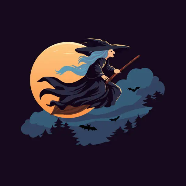 Vector illustration of Old witch flying on broom with full moon on background vector illustration.