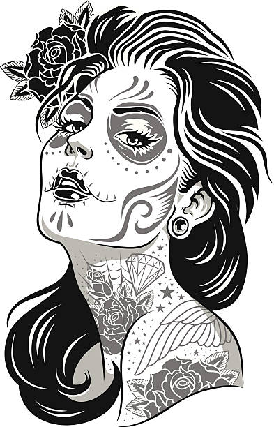 illustrations, cliparts, dessins animés et icônes de noir et blanc jour de la mort vector illustration fille - tatouage femme