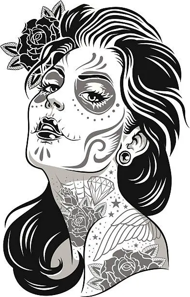 Vector illustration of Black and White Day of Dead Girl Vector Illustration