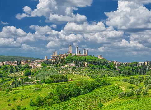 In this enchanting photo, San Gimignano's allure graces Tuscany's countryside. Amongst vineyards and olive groves, rustic farm buildings dot the landscape, while medieval towers rise in the distance. Capturing the essence of Italian heritage and natural beauty, the scene invites admiration and a sense of timeless wonder.