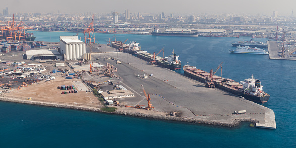 Jeddah Islamic Seaport on a sunny day, aerial photo