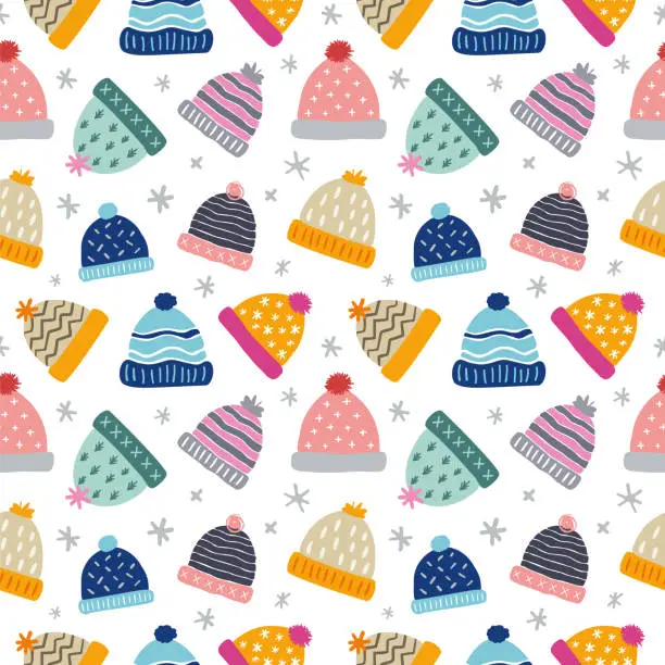 Vector illustration of Wool Hats Seamless Pattern on white background.