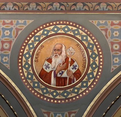 Bern - The fresco of St. Athanasius in the church Dreifaltigkeitskirche by August Müller