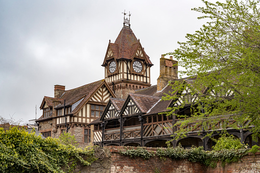 Grand clock tower on old buldings in Ledbury Herefordshire