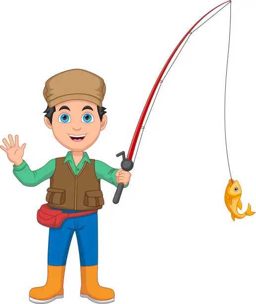 Vector illustration of Fisherman Catch Fish with Fishing Rods cartoon