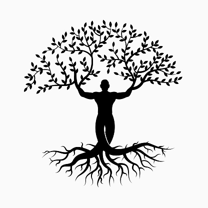 Legs of a man silhouette takes root and his arms turn into tree branches. Taking root theme black and white emblem isolated on white background.