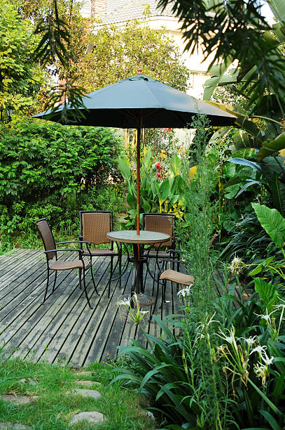 istock rattan chairs and table under umbrella on a wooden floor 155835973
