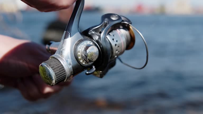 Fisherman with spinning on the river. The fisherman's hands spin the reel on the fishing rod.