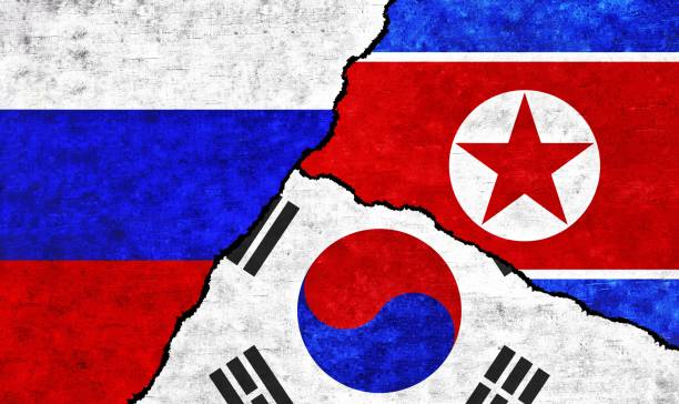 istock Russia, North Korea and South Korea flag on wall 1558384356