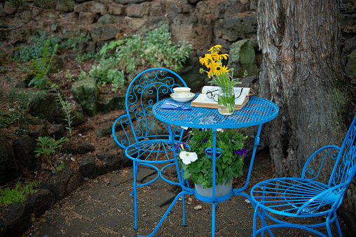 Blue table and chair with open book and tea cup. Flowers under the table. Small patio setting
