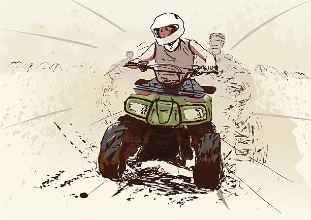 illustrazioni stock, clip art, cartoni animati e icone di tendenza di quadruplo corsa sulla dirt track. - off road vehicle quadbike desert dirt road