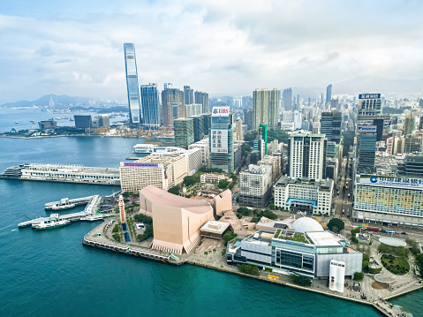 Hong Kong, China aerial view of the cityscape at Victoria Harbor.