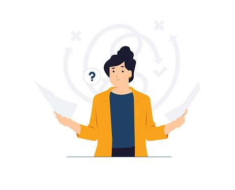 Business decision making, career path, work direction, dilemma, choose, undecided. confusing woman looking at paperwork document with question mark and think which way to success concept illustration