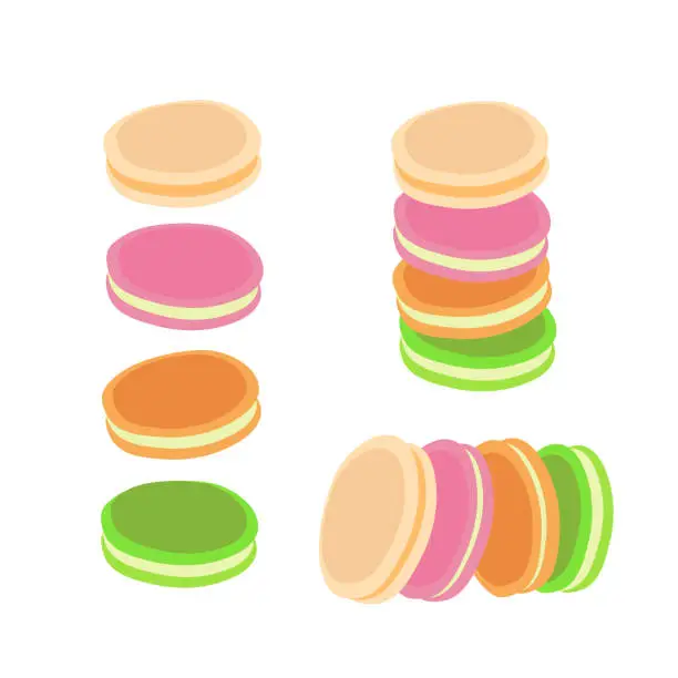 Vector illustration of Stack of colorful macarons, macaroon almond cakes vector illustration isolated on white background. Stack, pile of colorful almond macaron, macaroon biscuits, sweet and beautiful dessert