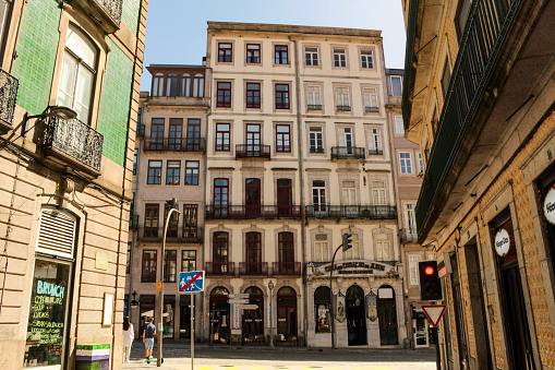 View of colorful facades of old buildings, the tourist attractions of the city of Porto, Portugal, Europa