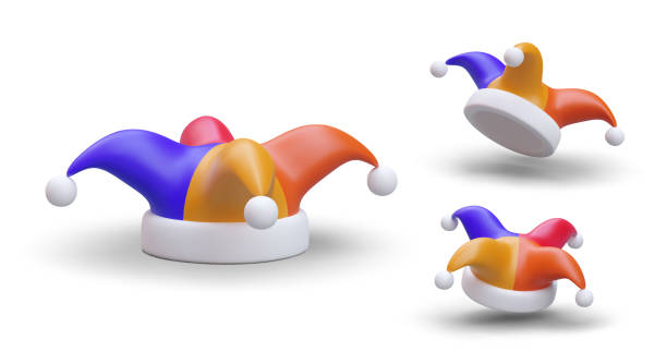 3d jester cap set. Isolated templates with hat in blue, orange and red colors 3d jester cap set. Isolated templates with hat in blue, orange and red colors. Poster with white background for toy store concept. Vector clothing mock up in cartoon style fashion bazaar stock illustrations