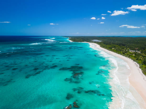 vue panoramique aérienne des plages de sable blanc et de l’eau turquoise - eleuthera island photos et images de collection