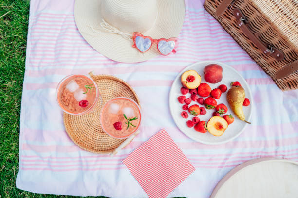 draufsicht rosa getränke, cocktail mit eis, himbeere, rosmarin. zwei gläser mit martini, champagner, apfelwein, limonade auf dem tablett auf decke mit obstteller, picknickkorb. gemütliches sommerpicknick in der natur - champagne pink strawberry champaigne stock-fotos und bilder