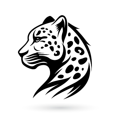 A stylized dark leopard head design on a white background, in the style of a tattoo-inspired illustration