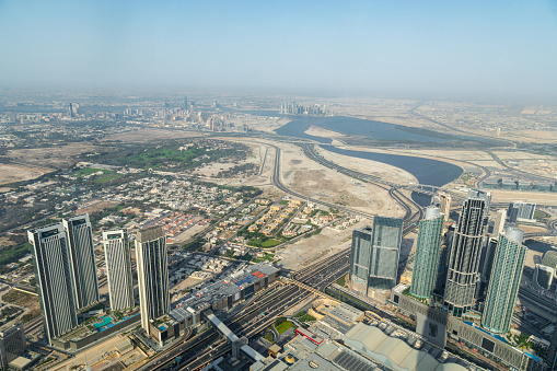 Dubai, United Arab Emirates - June 21, 2023: Aerial view of Dubai skyscrapers