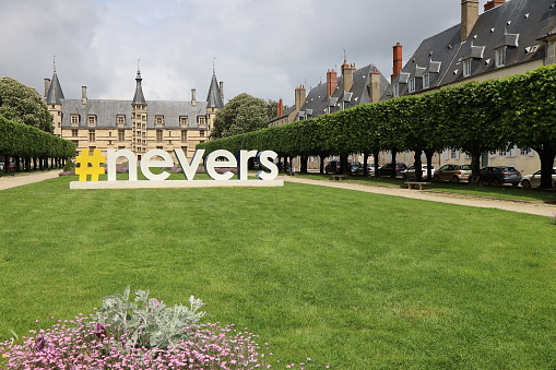 Logo of Nevers in the form of a Hashtag in front of the palace of the Dukes of Burgundy, city of Nevers, department of Nièvre, France
