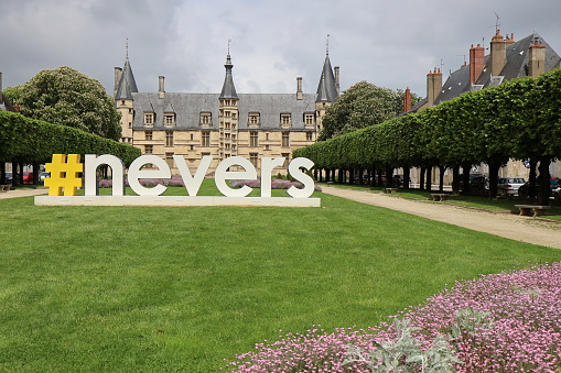 Logo of Nevers in the form of a Hashtag in front of the palace of the Dukes of Burgundy, city of Nevers, department of Nièvre, France