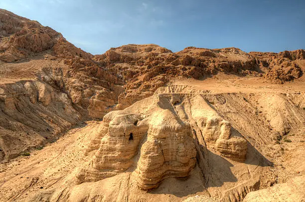 Qumran cave 4, one of the caves in which the Dead Sea scrolls were found at the ruins of Khirbet Qumran in the desert of Israel.