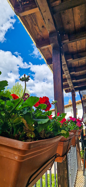 Terraza con macetas de flores rojas muy clásica de los pueblos de Teruel y Gúdar en la ruta del Cid , muchas flores y día soleado, madera y hierro.