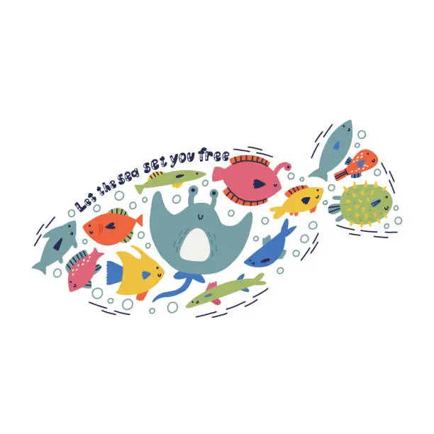 Vector illustration of Cute hand drawn sea animal character flock of fish